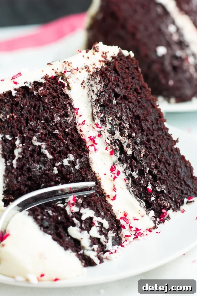 close up slice of vegan peppermint mocha cake with a fork taking a bite