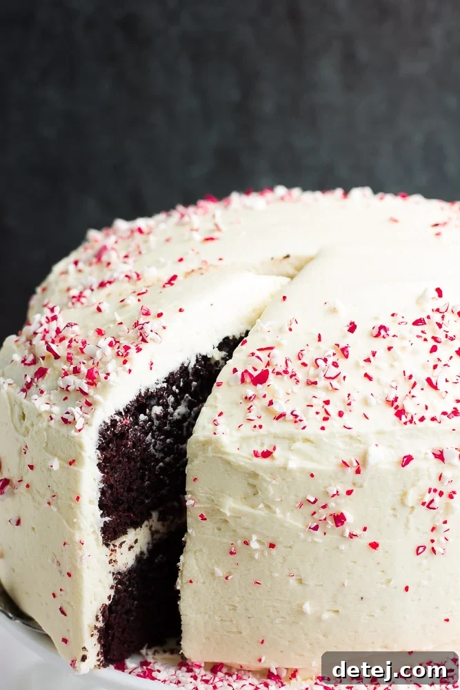 whole vegan peppermint mocha cake with a slice being removed