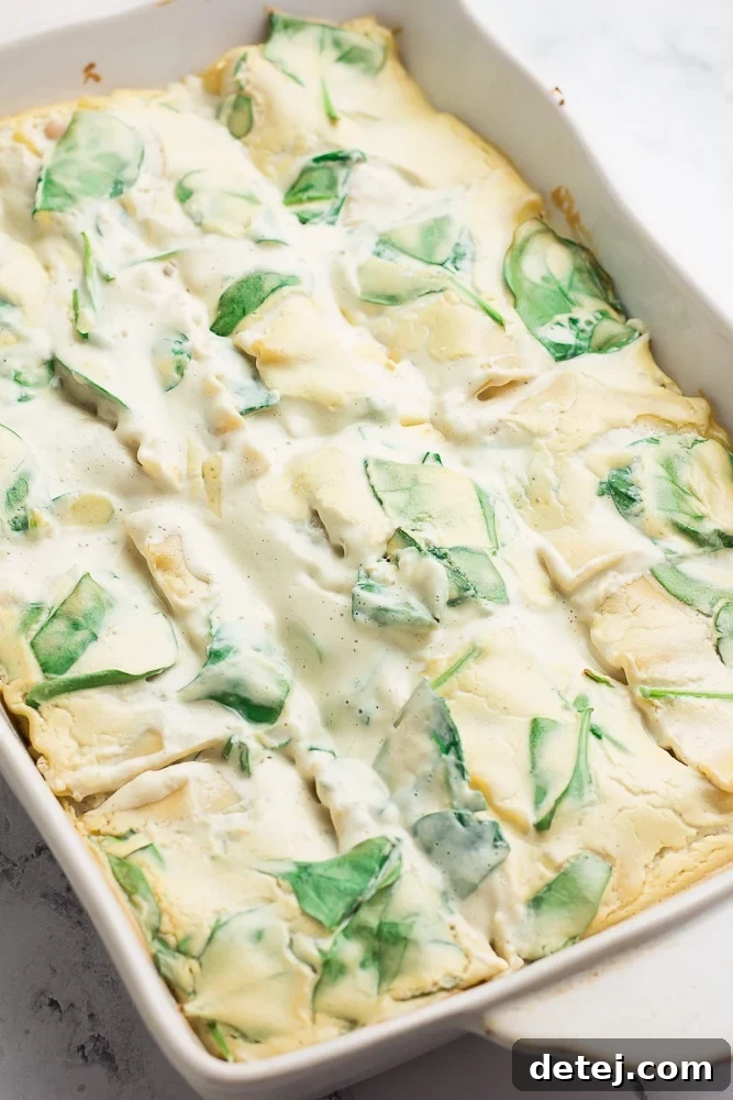A close-up view of the whole Vegan White Lasagna in a baking pan, fresh out of the oven, with a perfectly golden-brown top.