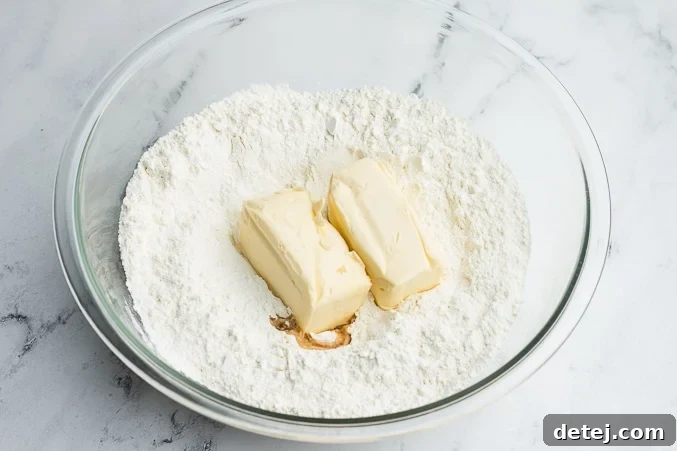 Vegan butter, flour, and sugar combined in a bowl, forming a crumbly dough texture.