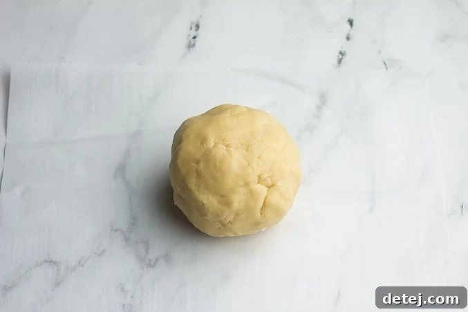 A ball of soft vegan cookie dough resting on parchment paper, ready for rolling.