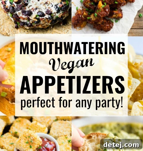 12 Vegan Appetizers for Every Celebration 2 collage with text for vegan appetizers post featuring various delicious plant-based snacks