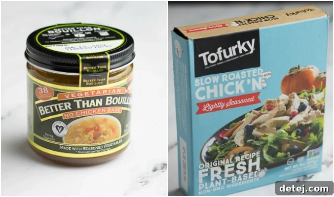A collage featuring Better Than Bouillon No Chicken Base jar and Tofurky Chik'n packaging, highlighting key vegan ingredients for the soup.