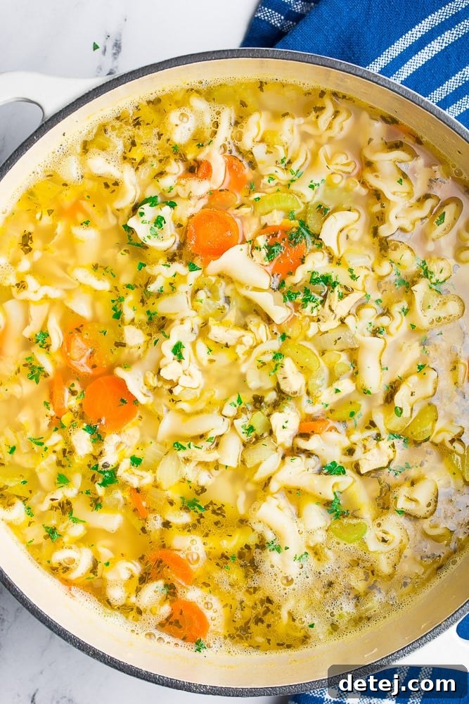 A close-up shot of the rich, golden vegan chicken noodle soup in a pot, showing tender plant-based 'chicken', vegetables, and noodles, ready to be enjoyed.
