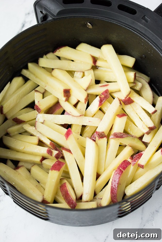 Raw, seasoned potato fries arranged in a single layer inside an air fryer basket, ready for cooking.