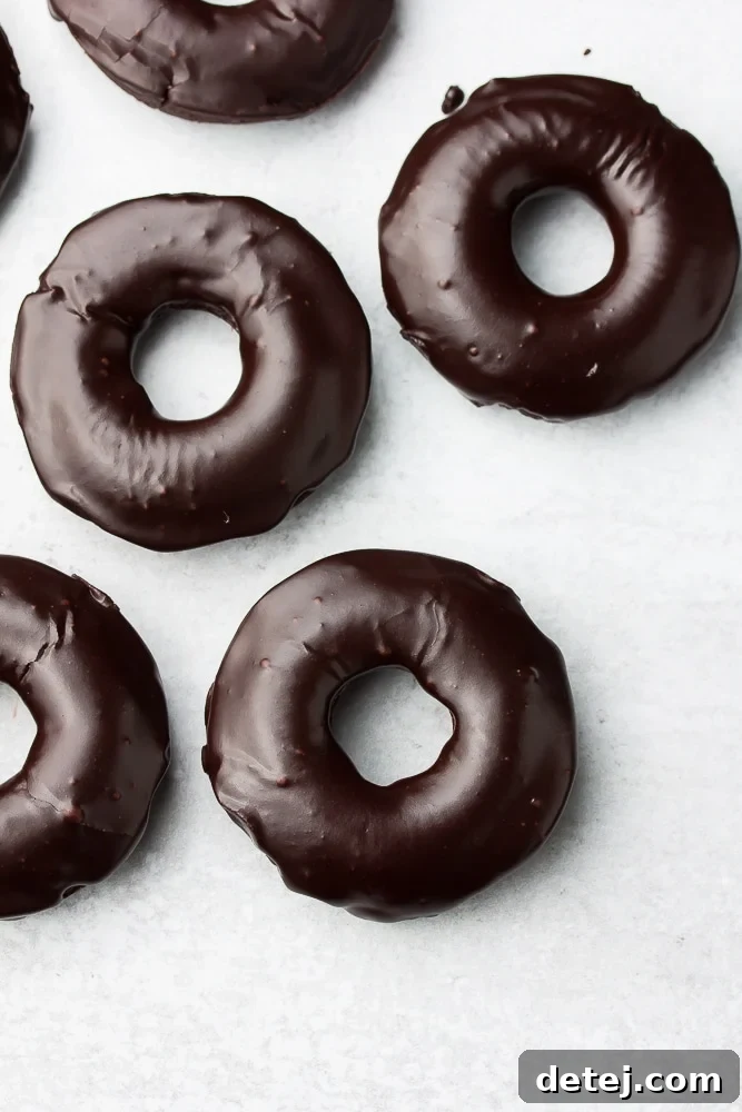 An overhead shot showcasing an arrangement of several freshly baked and glazed vegan chocolate donuts on a stylish gray background.