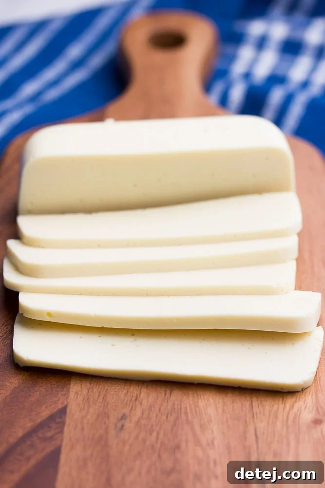 Close-up of perfectly sliced vegan mozzarella cheese, resting on a cutting board next to a folded blue kitchen towel.
