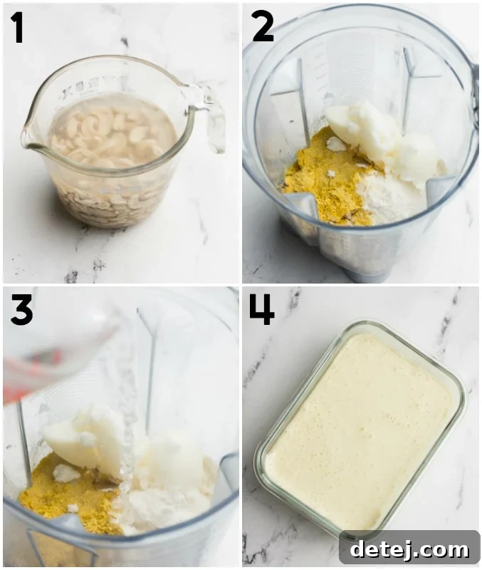 A visual collage illustrating the step-by-step process of making vegan mozzarella, from blending ingredients to the final set cheese block.