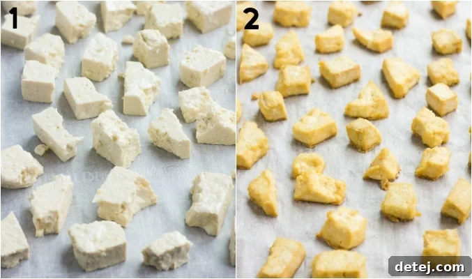 Creamy Vegan Tikka Masala 4 collage of before and after baking tofu that is ripped like chicken