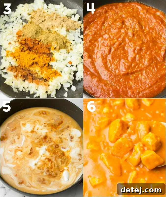 Creamy Vegan Tikka Masala 5 collage of how to make tofu tikka masala sauce
