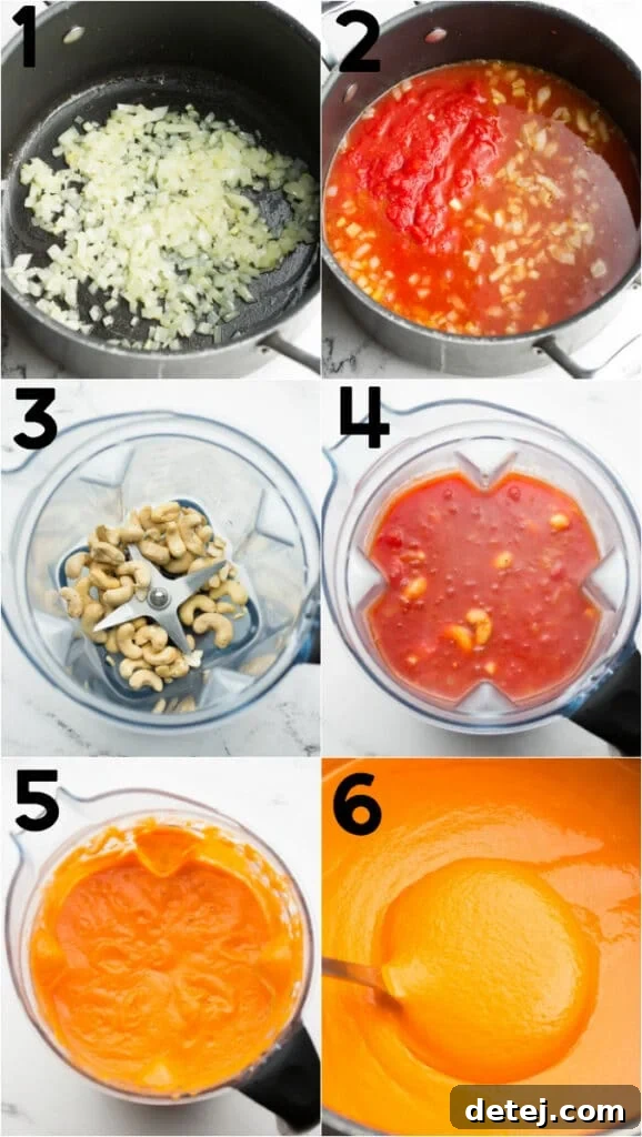 A step-by-step photo collage illustrating the process of making creamy vegan tomato soup, from sautéing to blending.