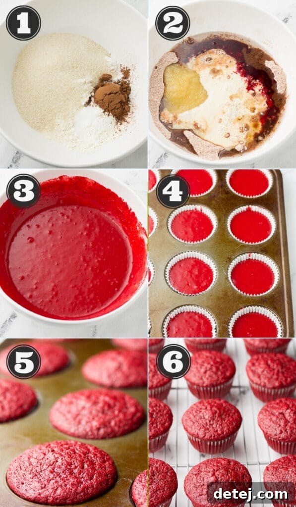 collage showing various steps of making red velvet cupcakes, from mixing batter to cooling