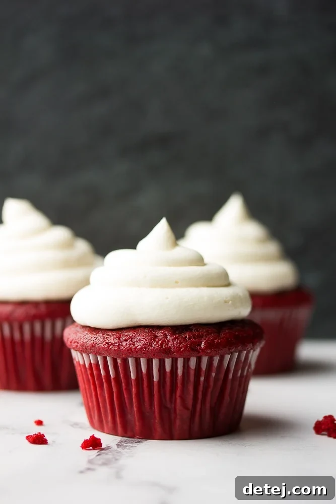 three beautifully frosted vegan red velvet cupcakes against a dark, elegant background