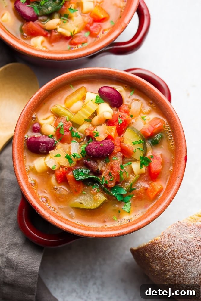 Two vibrant red bowls filled with steaming hot vegan minestrone soup, ready to be enjoyed.