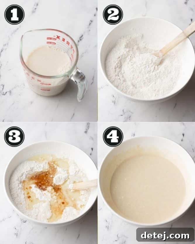 A collage showing the simple steps to make vegan cupcake batter: combining wet ingredients, whisking dry ingredients, and then blending them together in a single bowl.