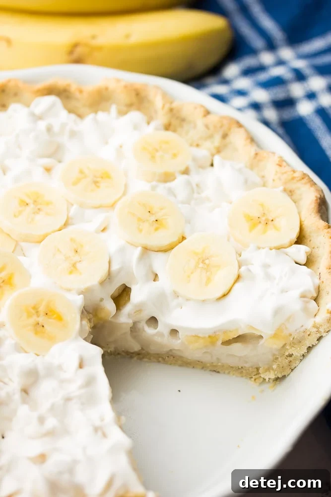A perfectly cut slice of Vegan Banana Cream Pie with whole bananas in the background, showcasing its creamy layers and golden crust.