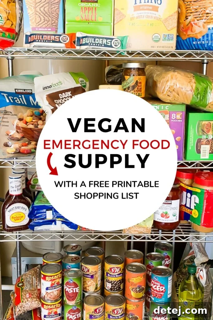 Comprehensive vegan emergency food supply list displayed with various shelf-stable plant-based foods, emphasizing preparedness