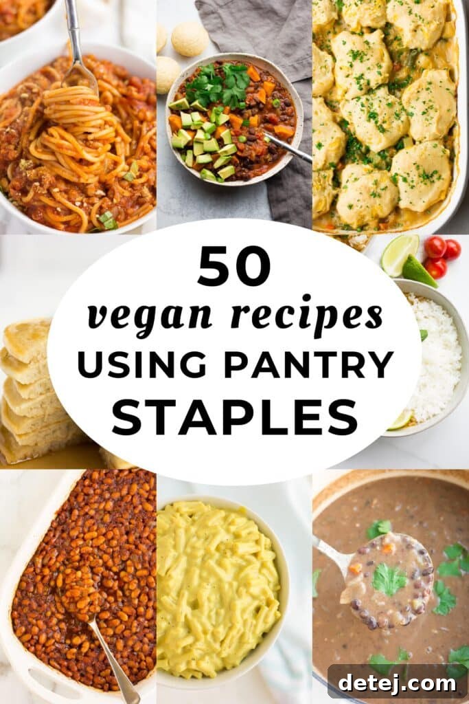 A vibrant collage showcasing various vegan dishes and text promoting 50 vegan pantry recipes.