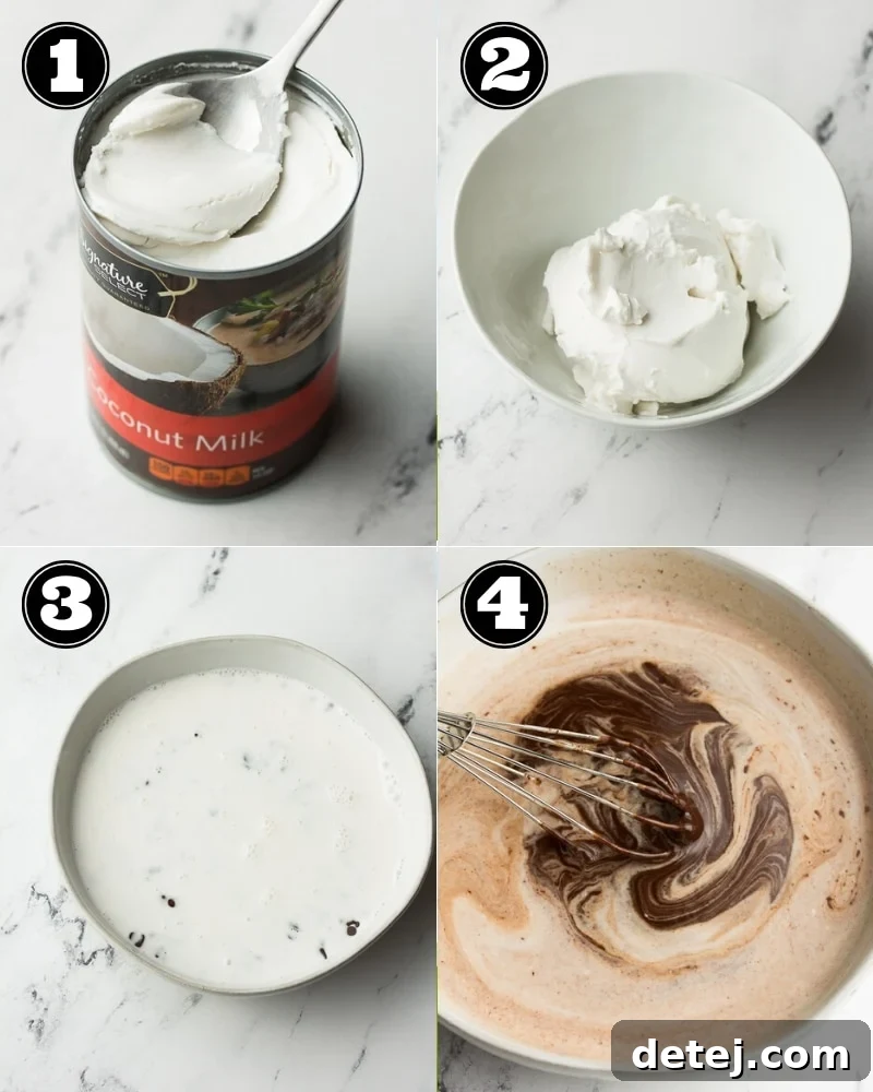 collage showing how to make chocolate ganache with coconut cream, step-by-step process