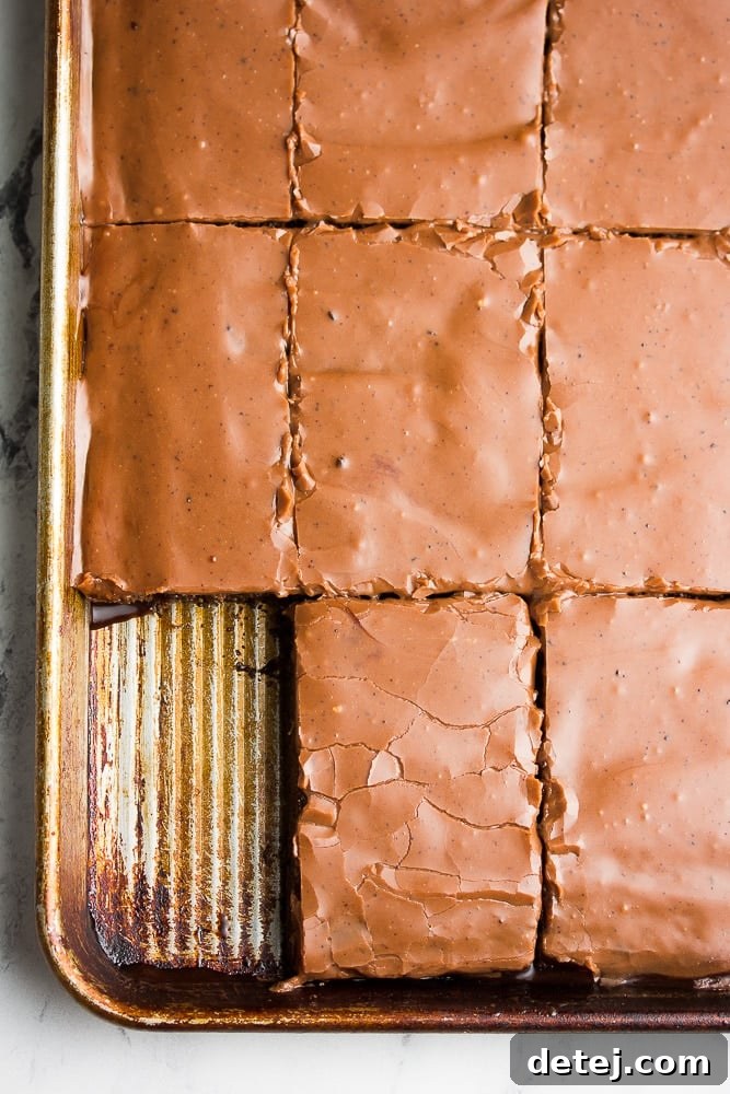 pan with sliced sheet cake, chocolate, ready to be served