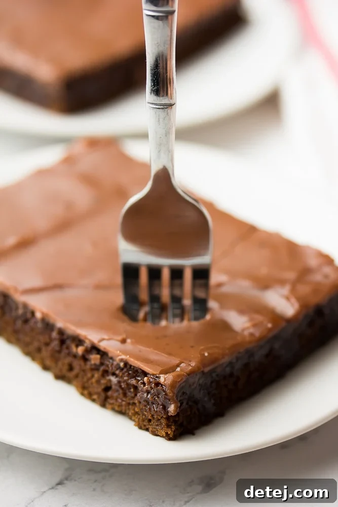fork sticking into a chocolate cake, highlighting its moist interior