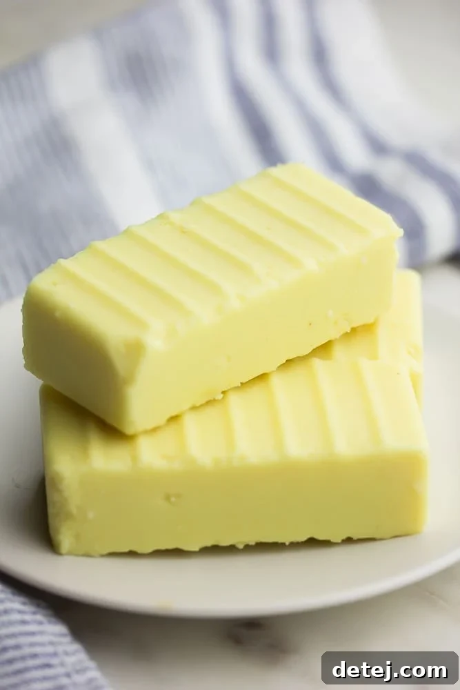 Three sticks of homemade vegan butter with ridges, presented on a white plate