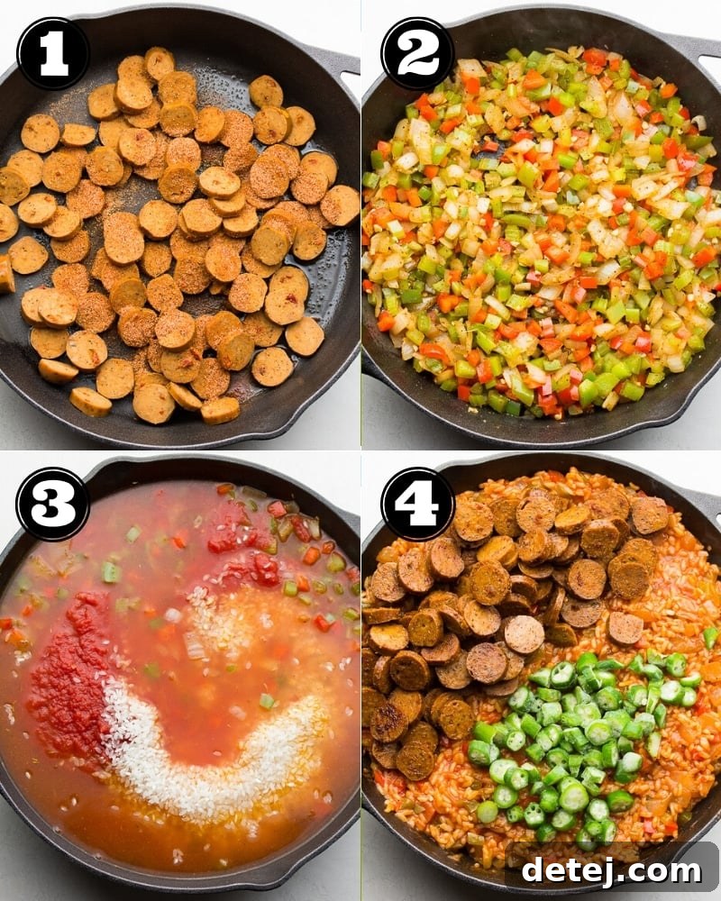 Southern Comfort, Vegan Style 4 Step-by-step collage showing the process of making vegan jambalaya, from sautéing sausage to the final mix