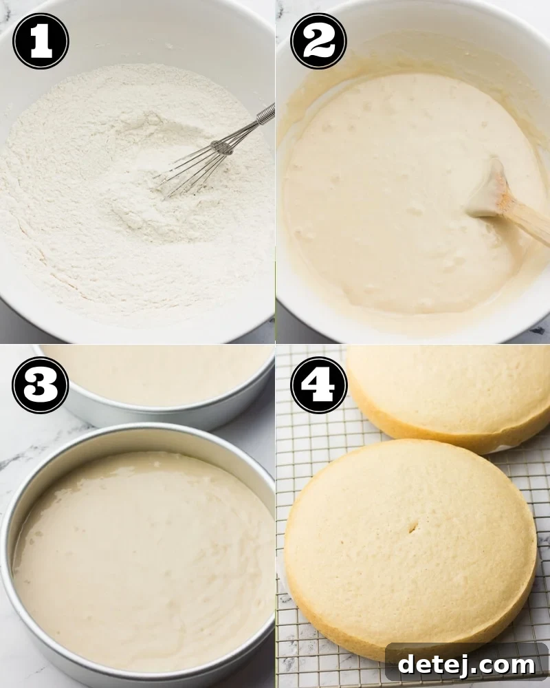 A detailed step-by-step collage illustrating how to effortlessly bake a vegan coconut cake, from mixing the batter in one bowl to assembling the frosted layers. Perfect for visual learners.
