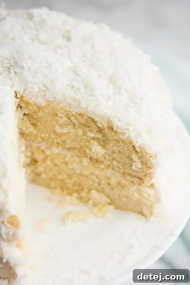 A beautifully decorated whole vegan coconut cake with a single slice removed, revealing its inviting interior and rich frosting. Shot up close to highlight the textural details of the topping.