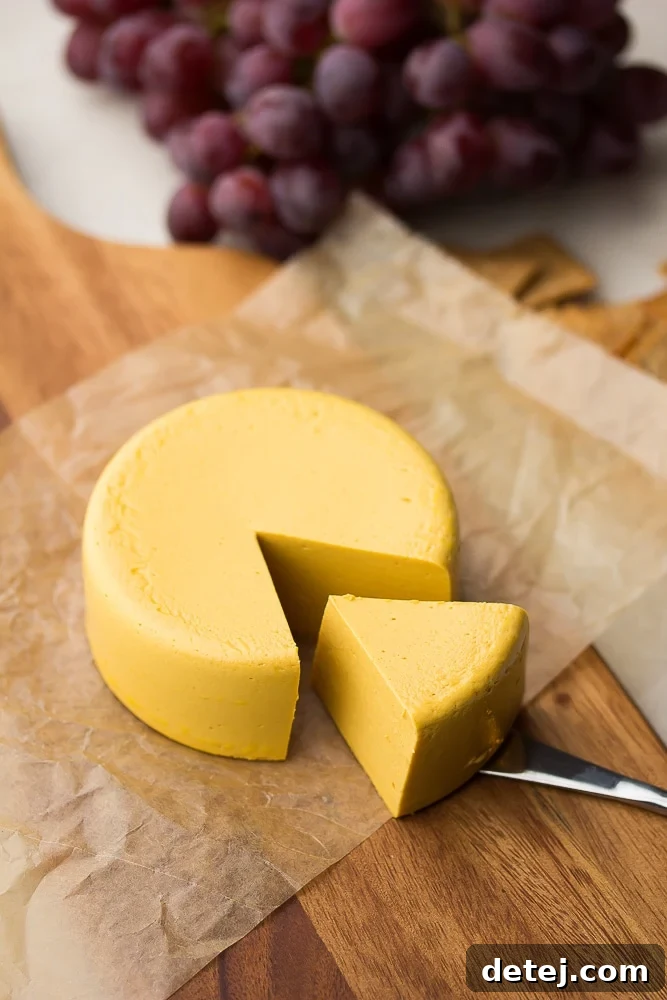 round block of vegan cheddar cheese with a slice taken out, on a wooden board