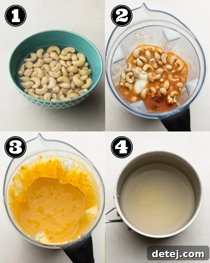 collage of visual steps for making vegan cheddar cheese - blending ingredients