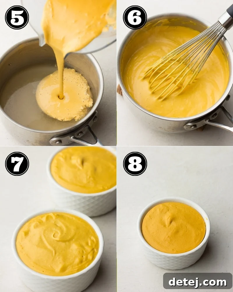 collage of visual steps for making vegan cheddar cheese - cooking and chilling