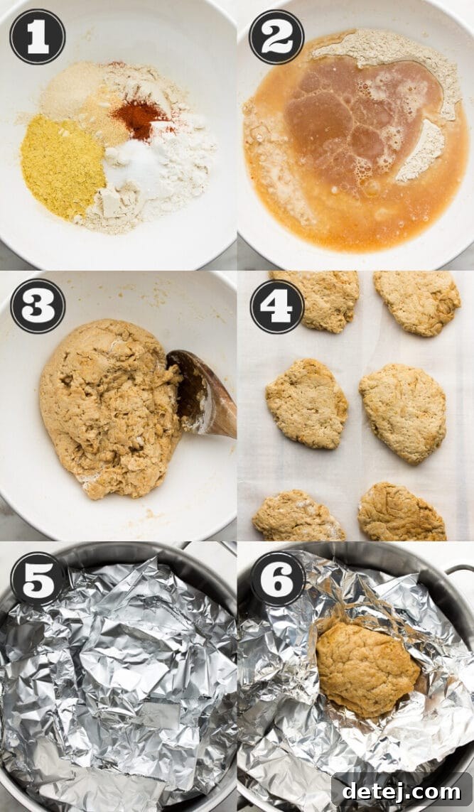 Plant-Based Chicken 4 A visual step-by-step collage demonstrating how to make seitan chicken, from mixing ingredients to shaping and steaming the plant-based protein.