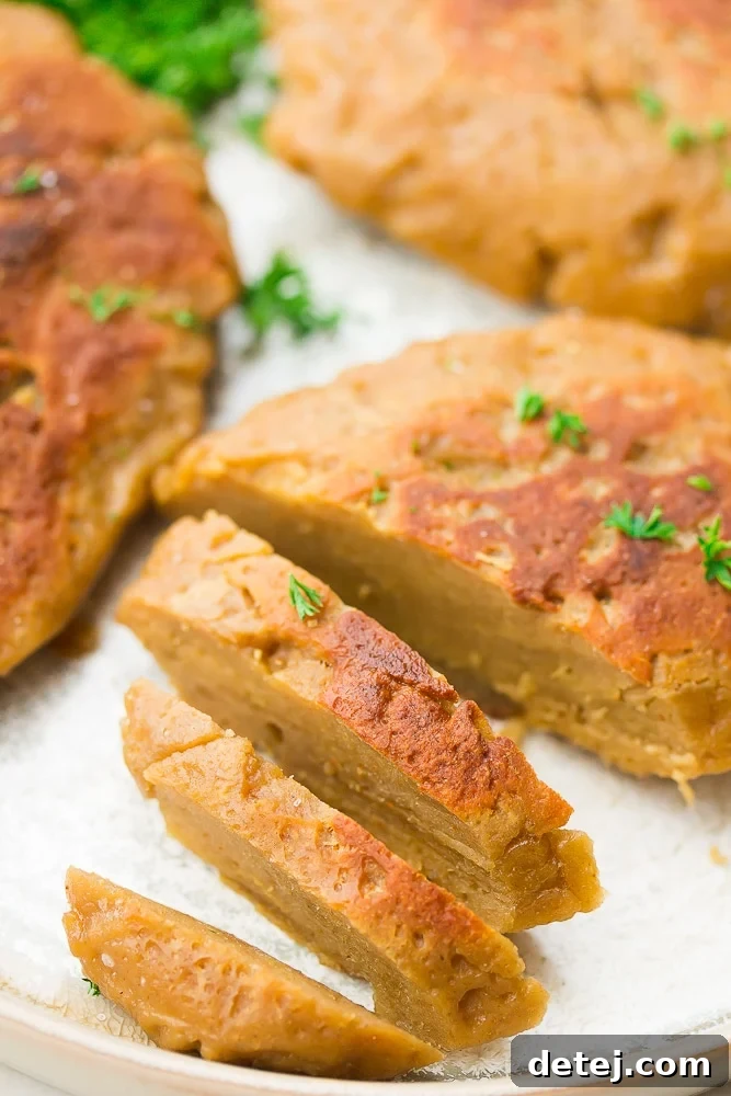 Plant-Based Chicken 5 Close-up of perfectly sliced seitan vegan meat pieces arranged neatly on a clean white background, highlighting its fibrous texture and readiness for cooking.