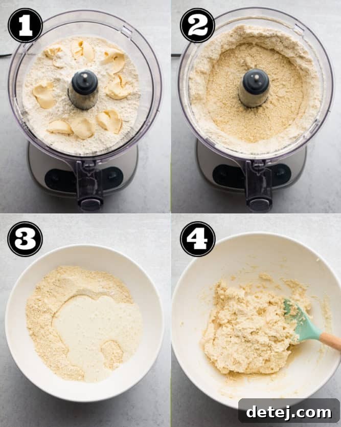 A visual collage illustrating the step-by-step process of mixing ingredients and forming the initial shaggy dough for vegan buttermilk biscuits. The images show butter being cut into flour and the dough being gently brought together.