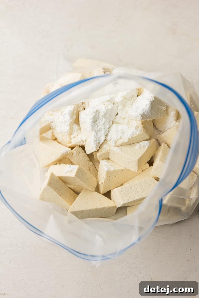 Clear zip-top bag containing pressed tofu pieces coated with olive oil, cornstarch, and salt, ready for baking.