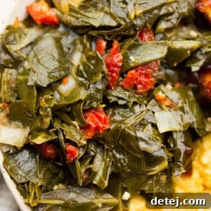 Smoky Vegan Collard Greens 4 square image of greens, tomatoes in a bowl with grits