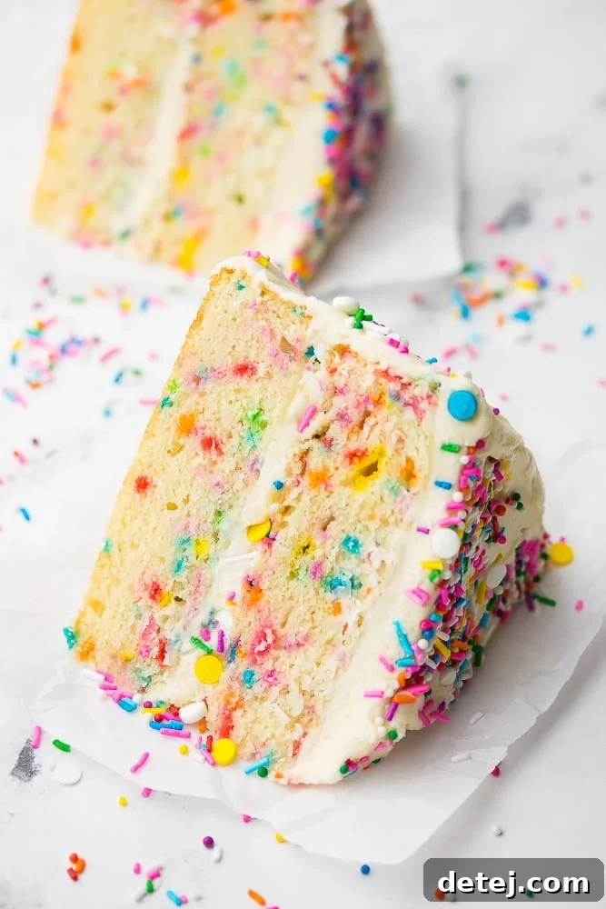 A perfectly sliced piece of Vegan Funfetti Cake, adorned with colorful sprinkles, sits on a white background, highlighting its soft texture and festive appearance.