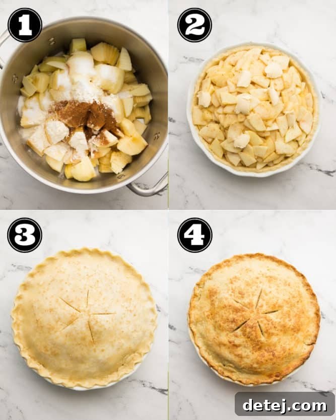 A visual collage illustrating the step-by-step process of making a vegan apple pie, from preparing the apples to placing the top crust.
