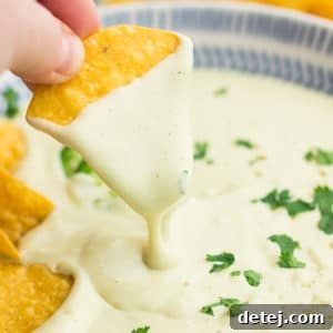 square photo of a chip dipping into bowl with white cheese sauce
