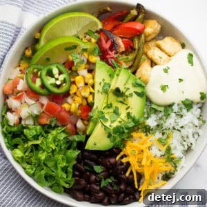 Square image of a Chipotle-style vegan burrito bowl, vibrant and appealing.