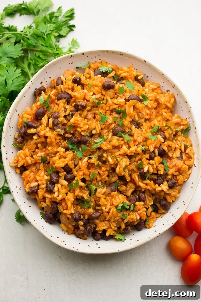 large bowl of spanish rice and beans on white background, garnished with cilantro