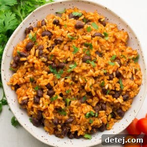 square image of a bowl of rice and beans, cilantro and tomatoes on the side