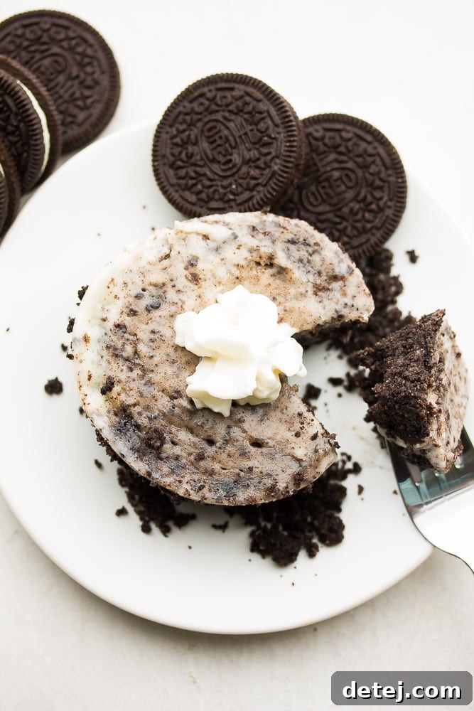 A delectable mini vegan Oreo cheesecake perfectly plated, surrounded by whole Oreo cookies, highlighting its single-serving charm.