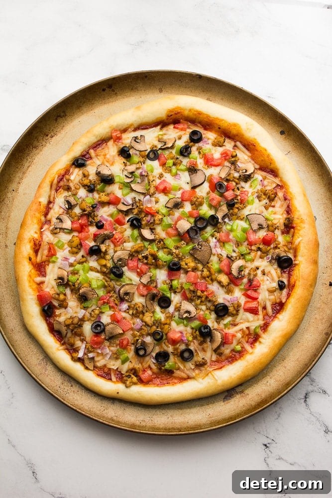 Cooked vegan pizza with veggies, cheese, tempeh sausage, and tomato sauce