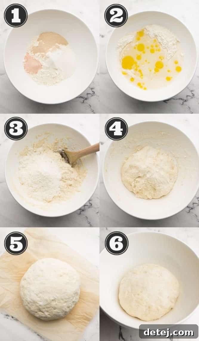 6 pictures of the steps to making homemade pizza dough