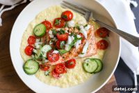 Grilled Salmon with Creamy Corn Puree and Bright Tomato Salad