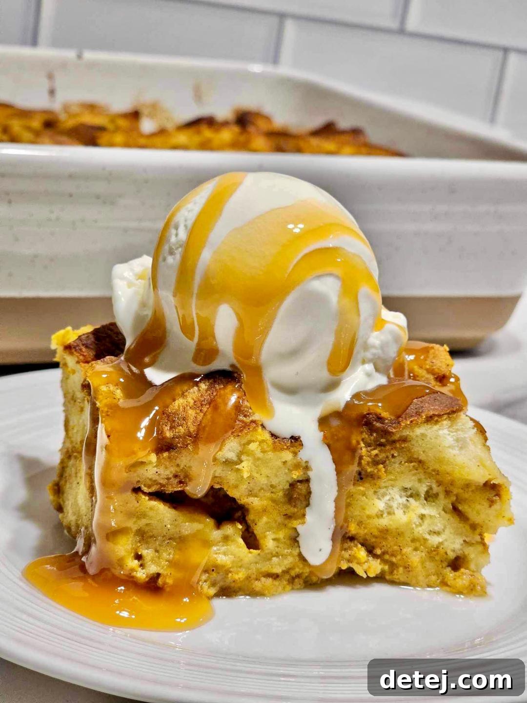 Pumpkin Bread Pudding, with vanilla ice cream and caramel sauce