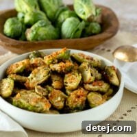 Close-up of golden brown Parmesan Crusted Brussels Sprouts