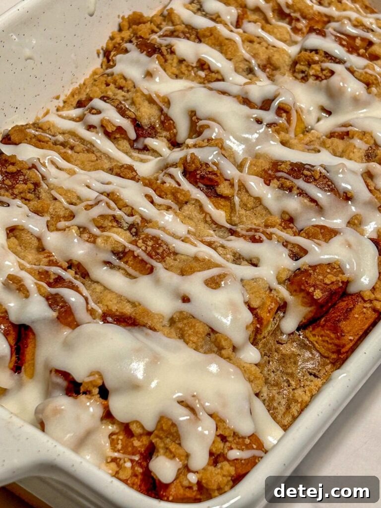 Overnight French Toast Bake with Streusel, a perfect holiday breakfast casserole.